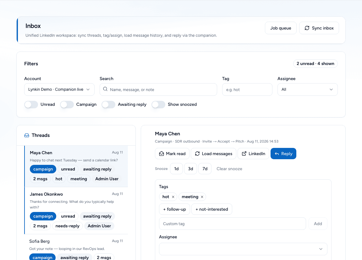 Lynkin unified inbox with tagged campaign replies